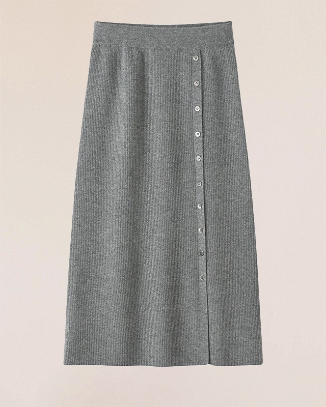 VIONIS-XY-100-percent-inner-mongolian-cashmere-heather grey-ribbed-midi-skirt-front-view