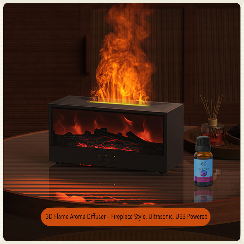 3D Flame Aroma Diffuser – Fireplace Style, Ultrasonic, USB Powered