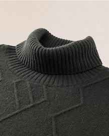 Detail of VIONIS·XY forest night high-neck collar, ribbed cashmere turtleneck