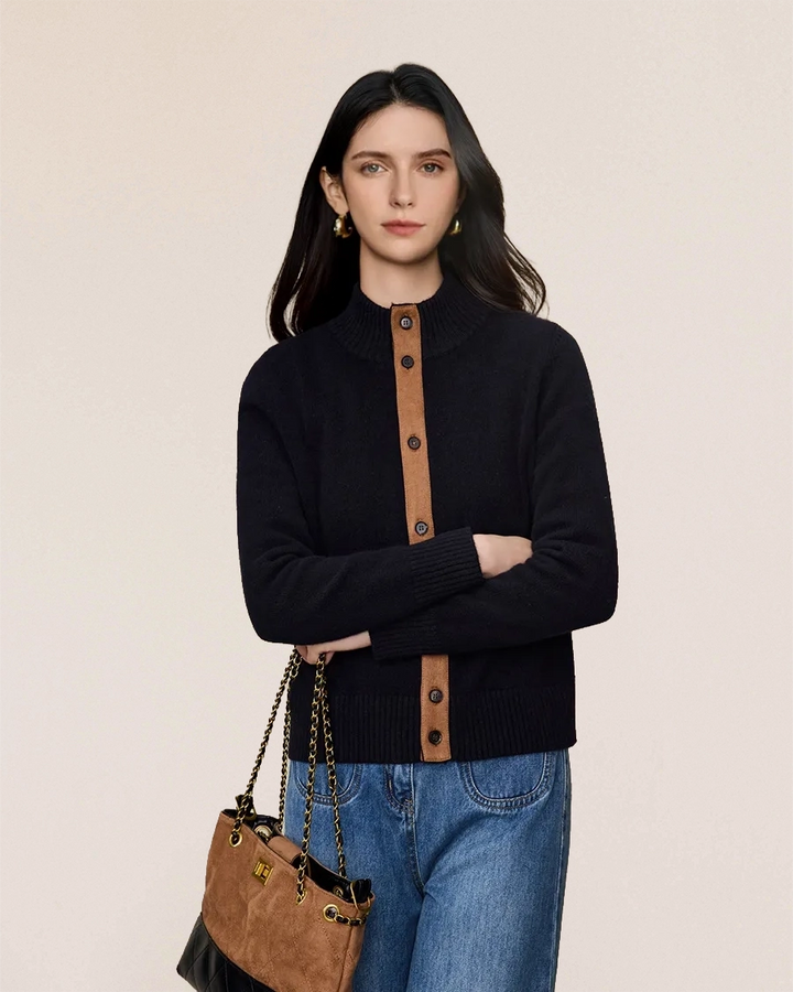 VIONIS·XY contrast trim cardigan made from 100% Merino Wool, women’s luxury knitwear with suede trim detail and structured silhouette