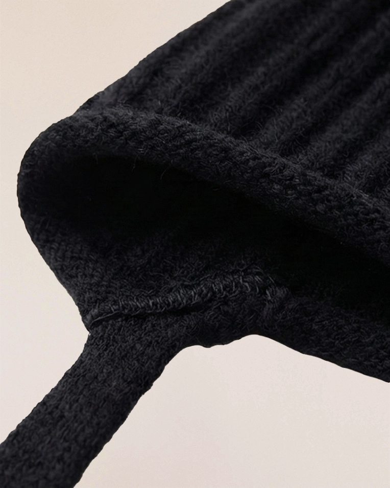 VIONIS·XY black merino tie-bonnet back view, long ties designed for versatile styling and warmth black