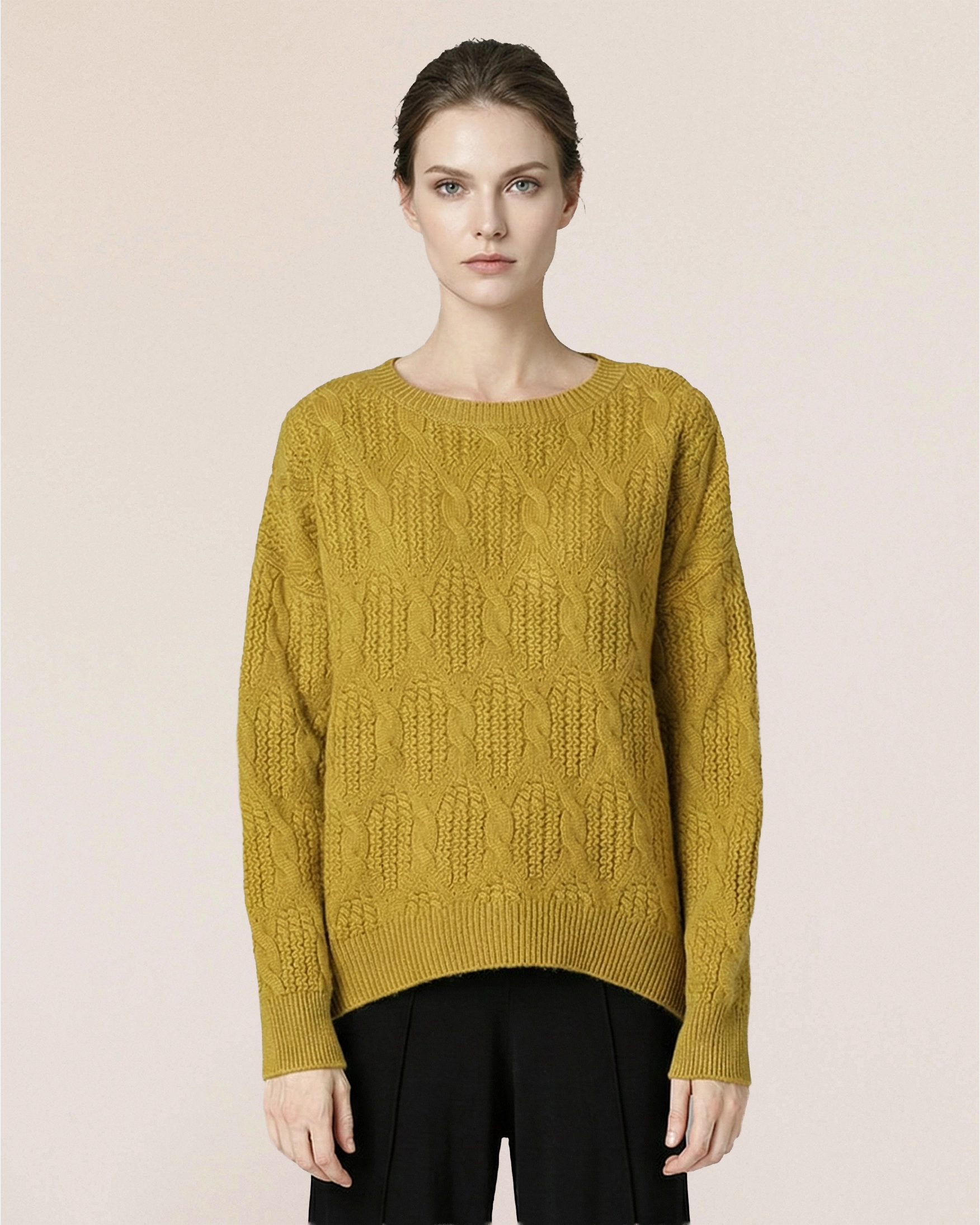 VIONIS·XY 500g cable knit cashmere sweater in spiced ochre, front view with relaxed fit and rich texture