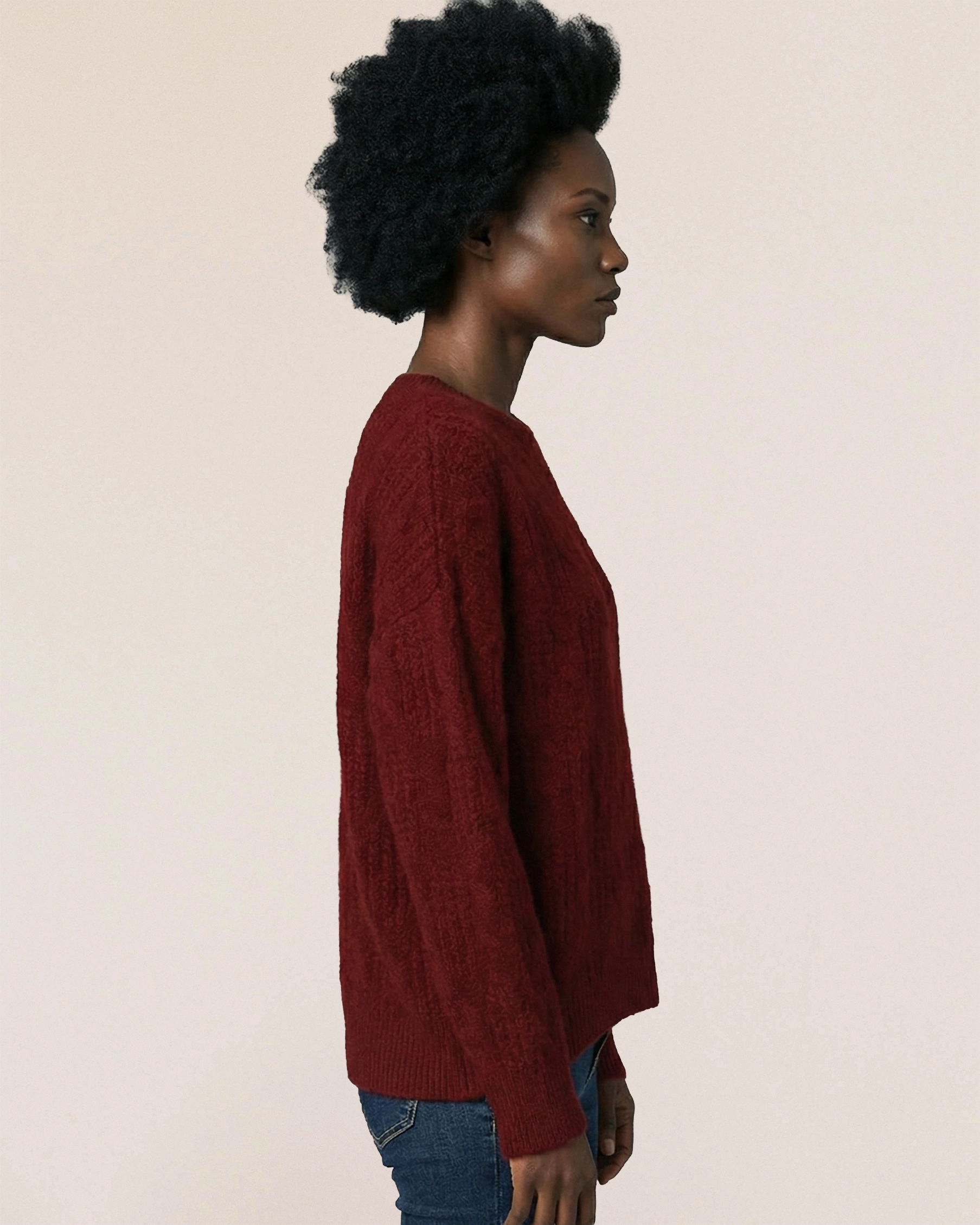 Bordeaux red VIONIS·XY cashmere sweater side view, 100% Inner Mongolia cashmere with substantial warmth