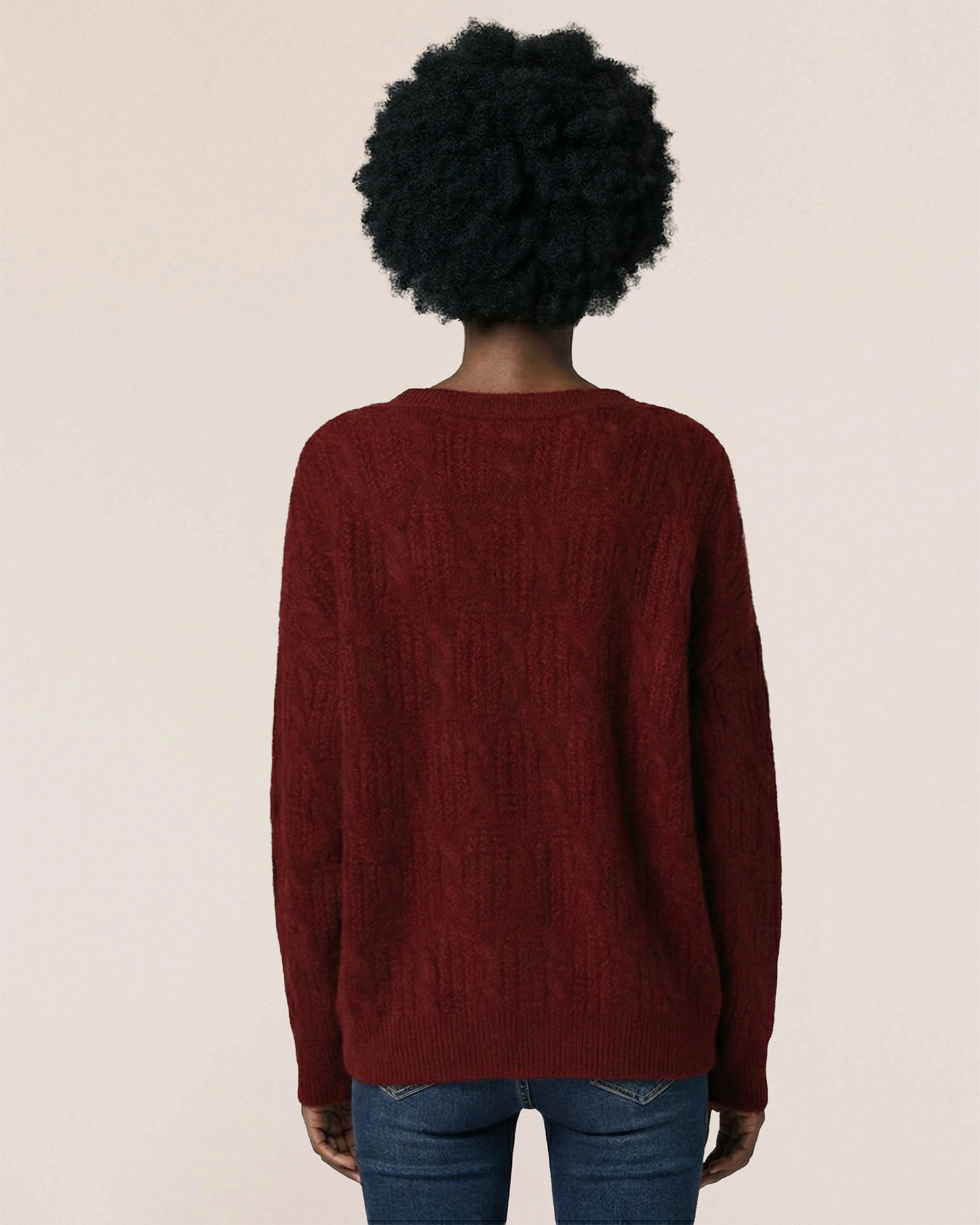 VIONIS·XY bordeaux red cable knit cashmere sweater back view, dense knit and clean minimalist lines