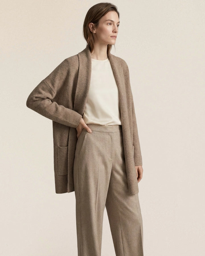 VIONIS·XY Women's 650g 100% Cashmere Open Front Cardigan Oatmeal – Front Model View