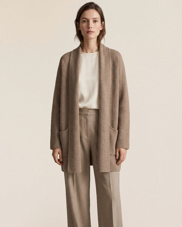 VIONIS·XY 650g Cashmere Cardigan Oatmeal Full Body Front View on Model