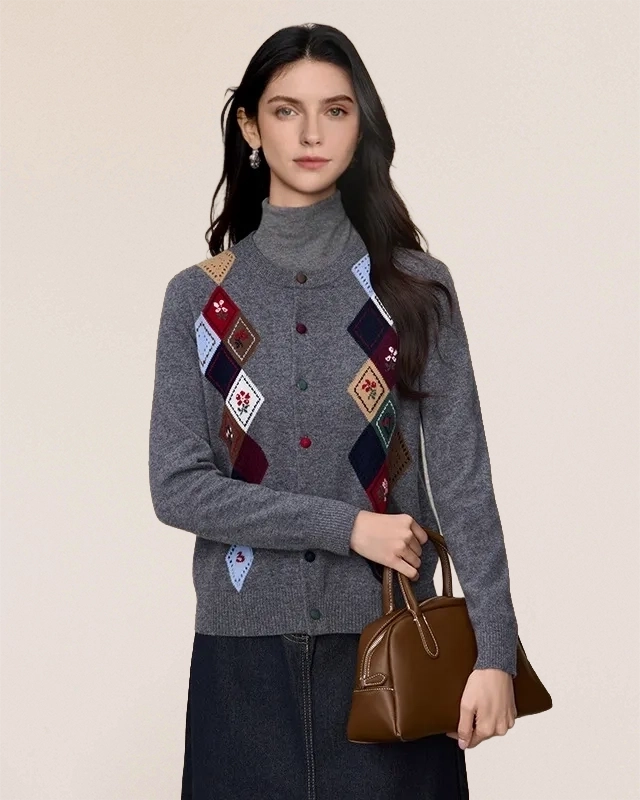 VIONIS·XY vintage romance cardigan in heather grey, front view showcasing floral argyle intarsia, made from 100% fine wool