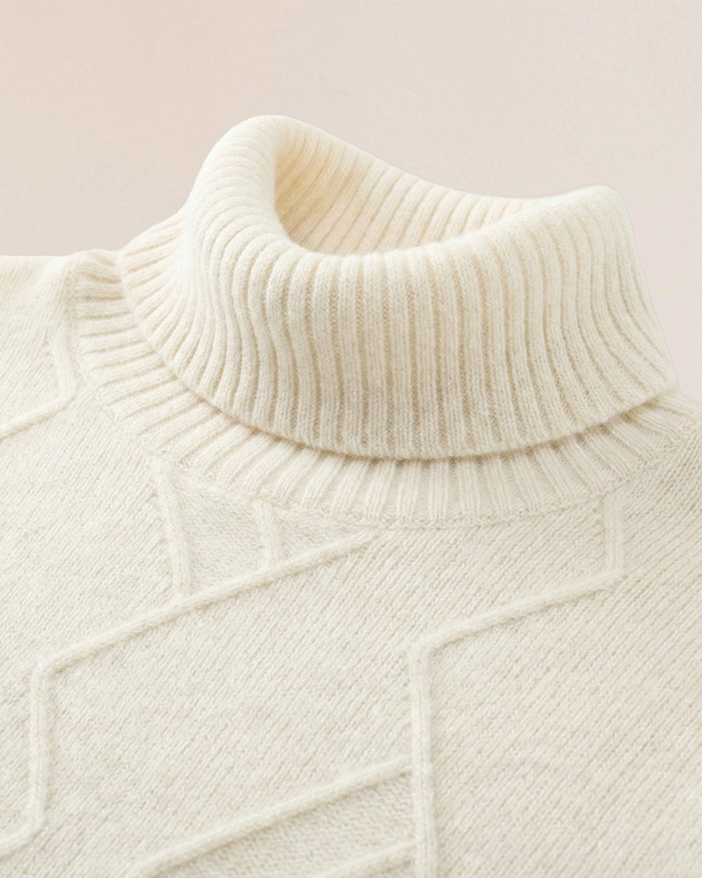 Detail of VIONIS·XY soft ivory high-neck collar, ribbed turtleneck in dense cashmere