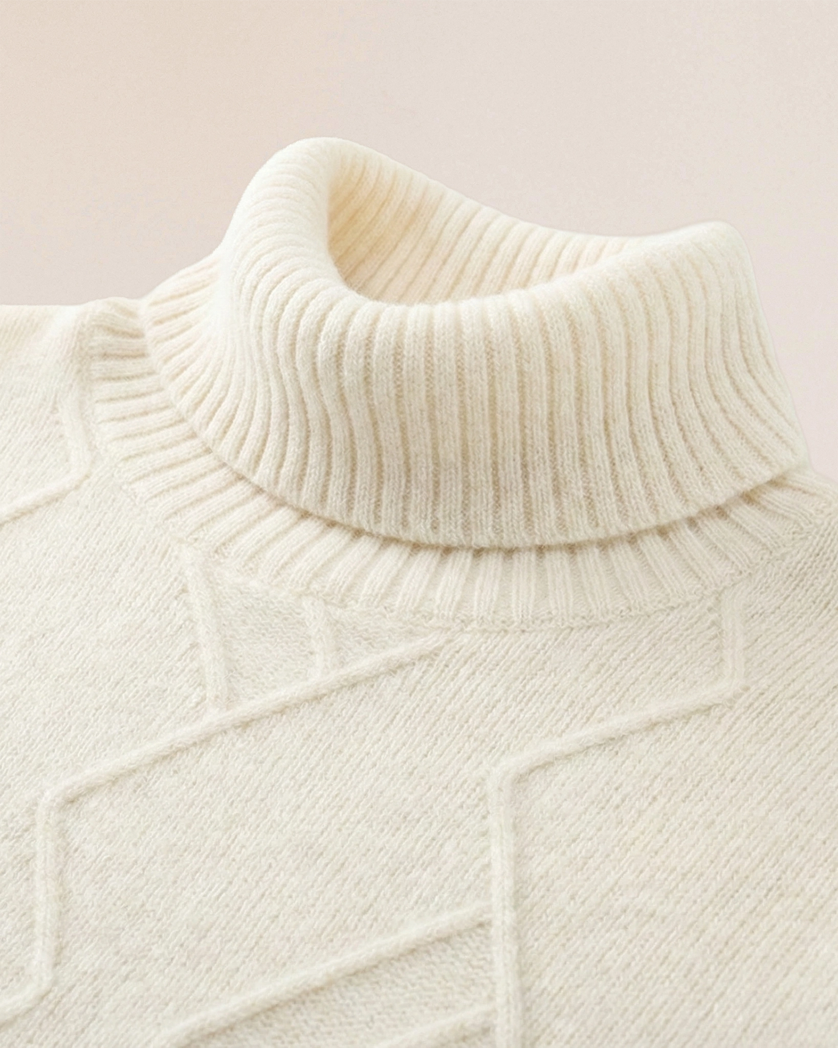 Detail of VIONIS·XY soft ivory high-neck collar, ribbed turtleneck in dense cashmere