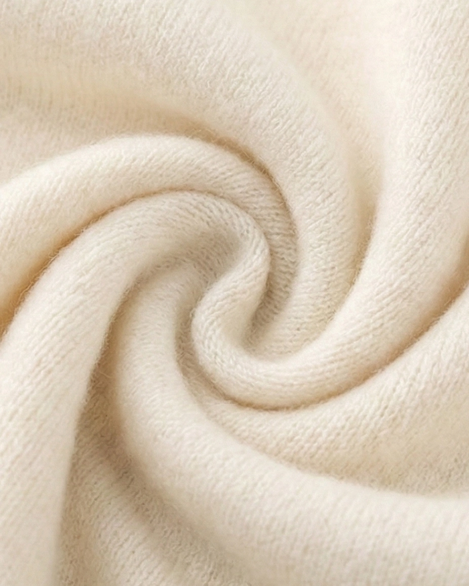 VIONIS·XY cream white cashmere sweater fabric swirl, showcasing softness and substantial 460g weight