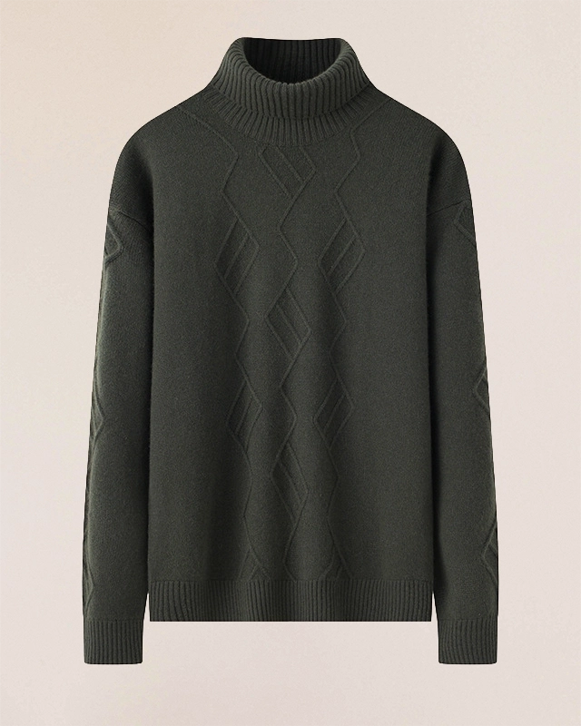 VIONIS·XY 460g Mongolian cashmere sweater flat lay in dark olive, raised geometric texture and structured silhouette