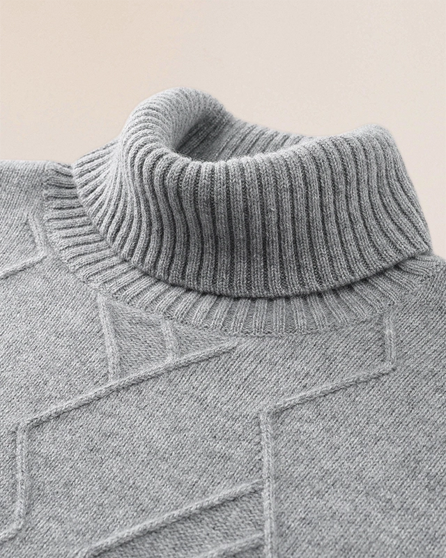 Detail of VIONIS·XY heather grey high-neck collar, ribbed turtleneck in dense 460g cashmere