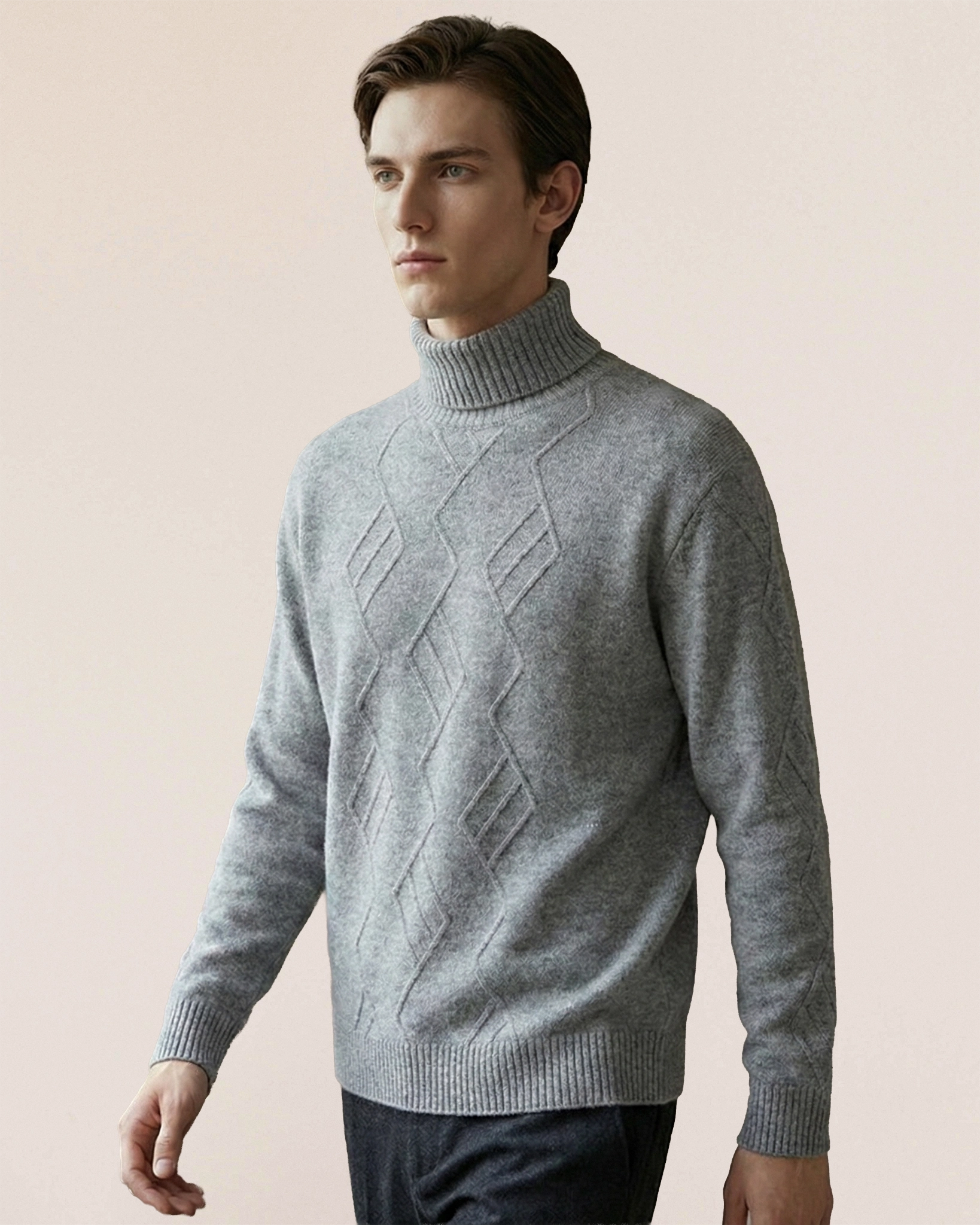 Heather grey VIONIS·XY cashmere sweater side view, structured silhouette in double-weight 460g knit