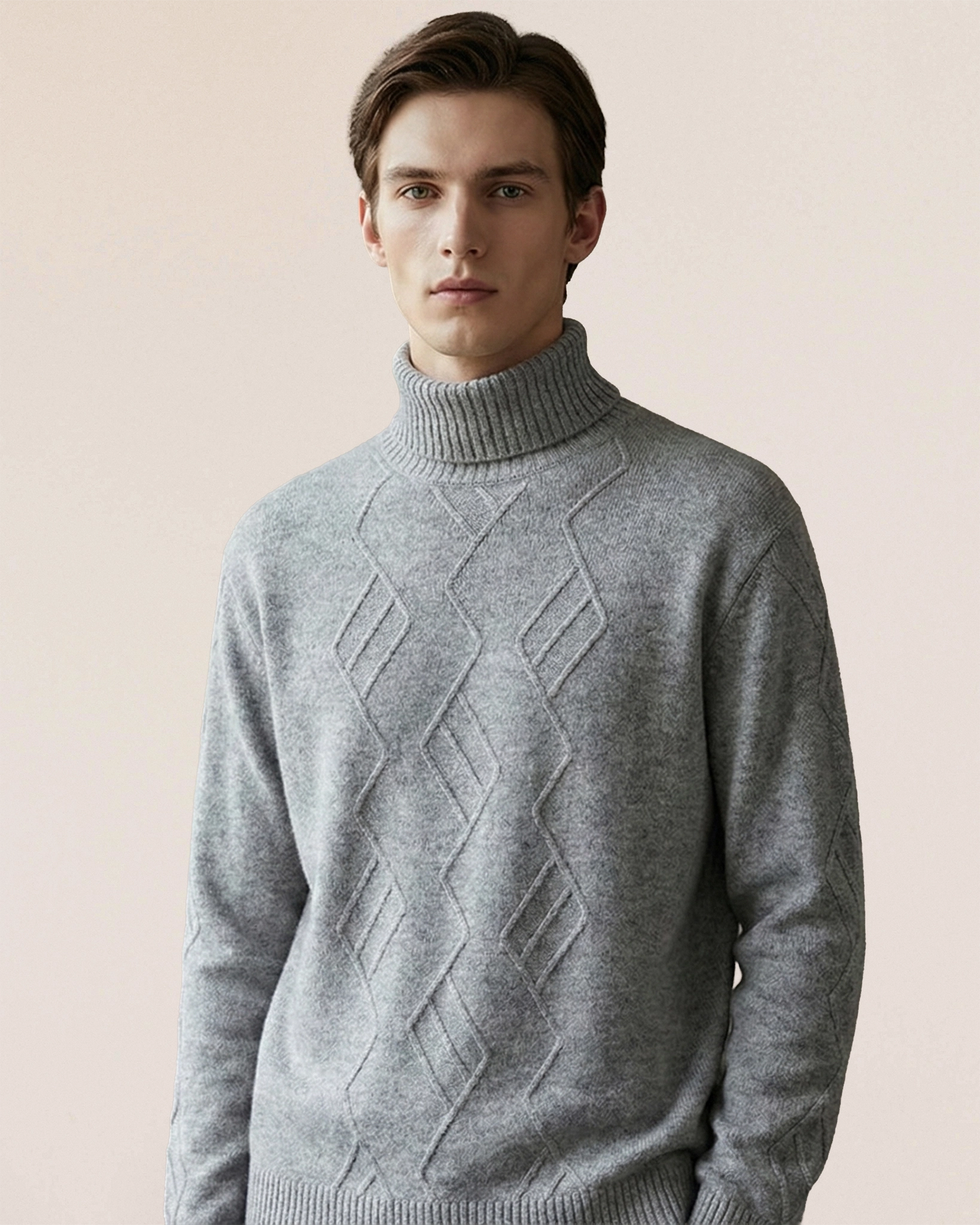 VIONIS·XY 460g Mongolian cashmere sweater in heather grey, front view with geometric diamond knit and high-neck collar