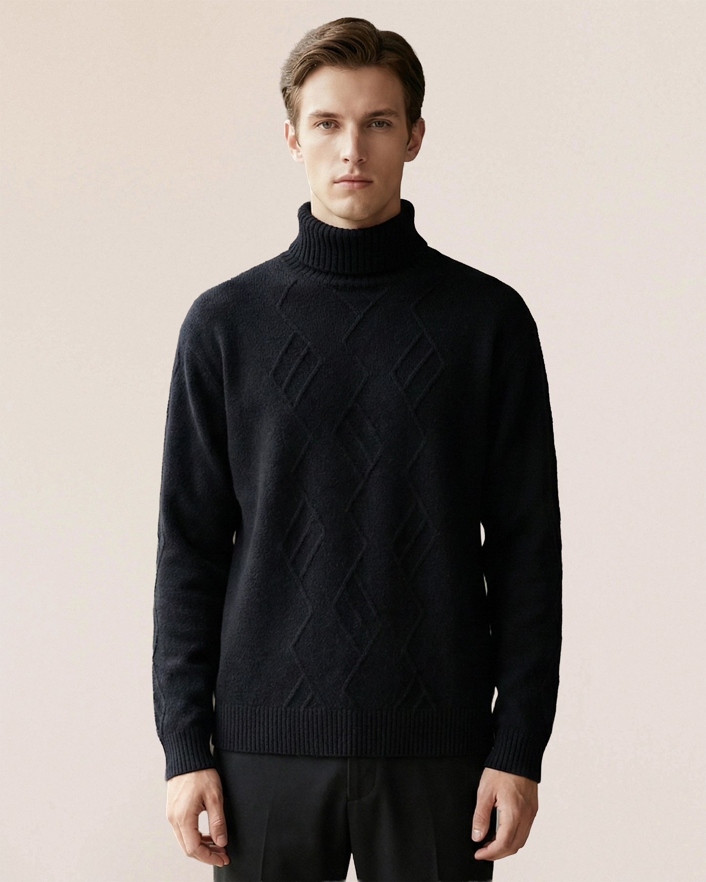 VIONIS·XY 460g Mongolian cashmere sweater in black, front view showcasing sculptural diamond knit