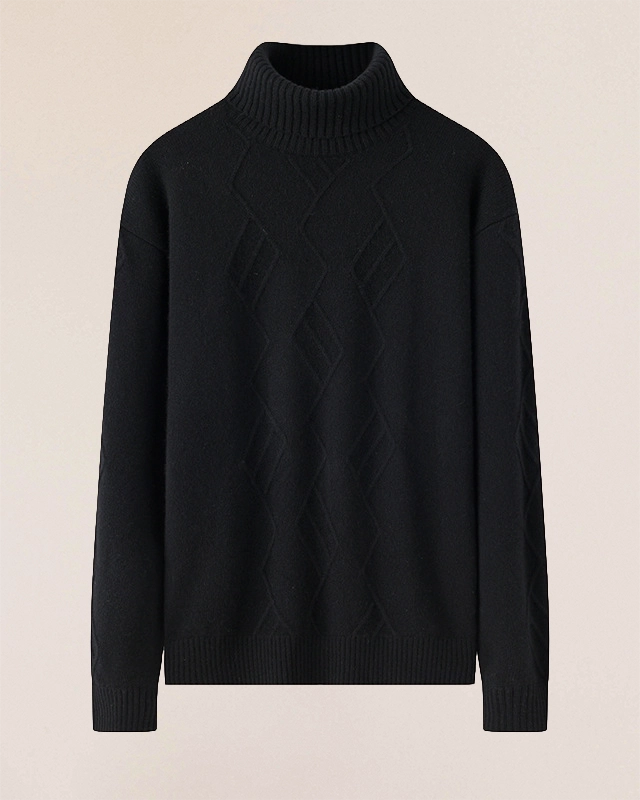 VIONIS·XY 460g Mongolian cashmere sweater flat lay in black, sculptural geometric knit with ribbed high-neck collar